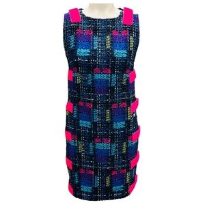 CHANEL BLUE / PINK MULTI SLEEVELESS TWEED MINI DRESS WITH VELCRO STRAPS
